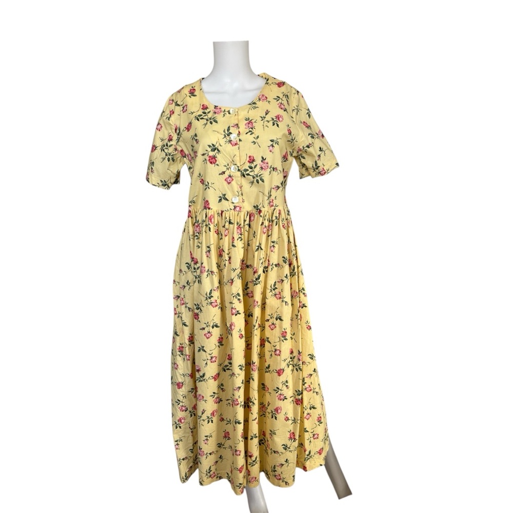 Vintage Kade Collection Floral Maxi Dress Yellow Pink Rose Romantic Size Medium